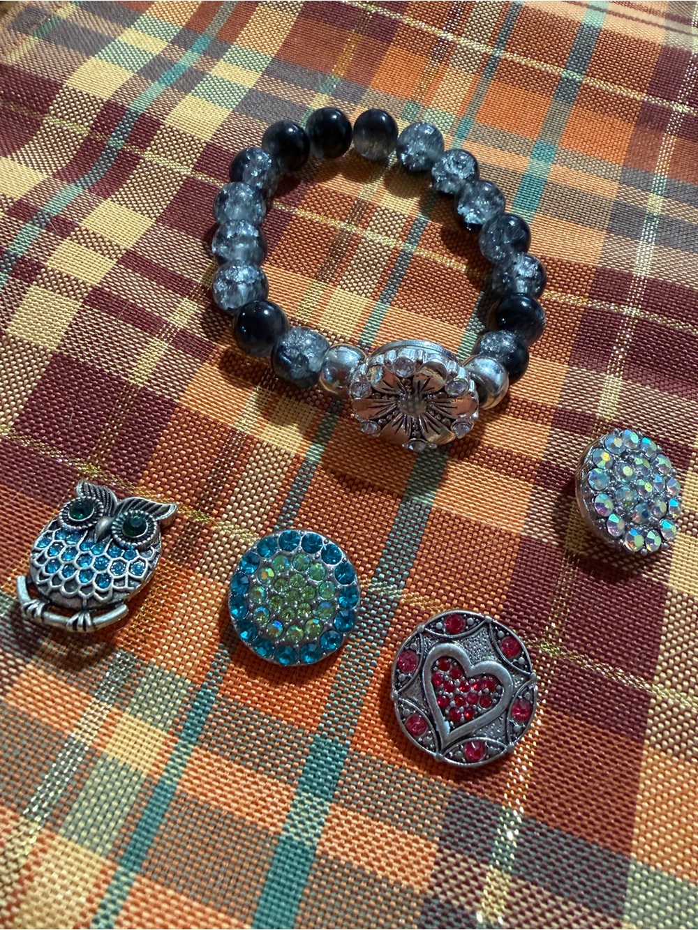 Beaded Black and Gray Stretch Bracelet with Silver Accent